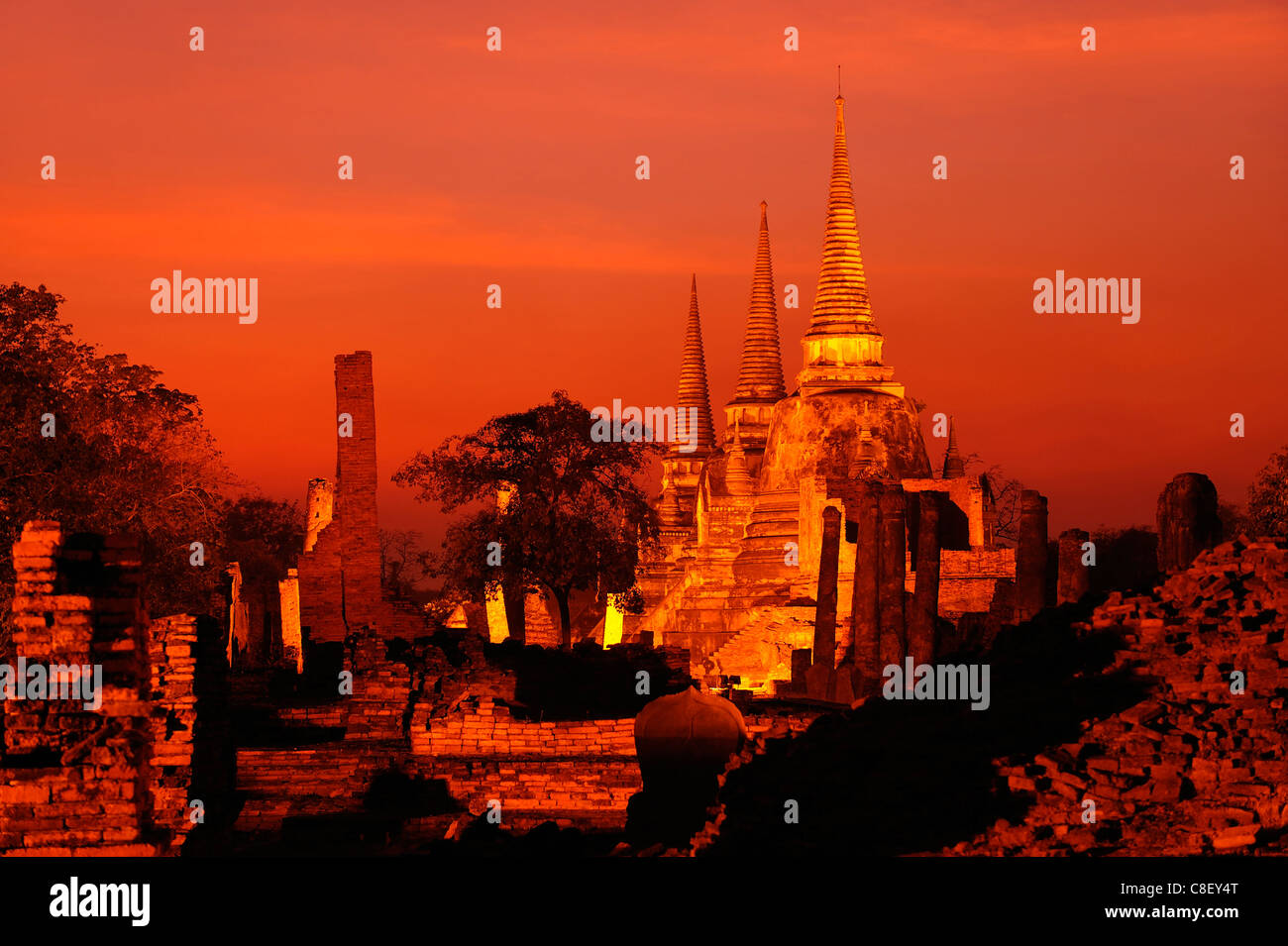 Abend, Farben, Wat Phra Si Sanphet, UNESCO, Welterbe, Website, Ayutthaya, Thailand, Asien, Tempel Stockfoto