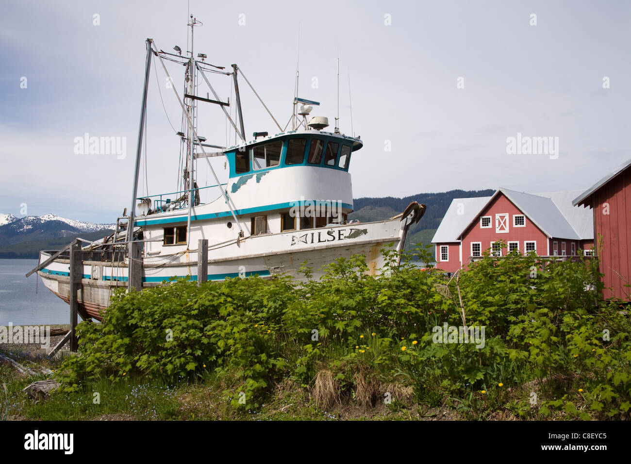 Boote bei Icy Strait Point Cannery Museum, Hoonah Stadt, Chichagof Island, südöstlichen Alaska, Vereinigte Staaten von Amerika Stockfoto