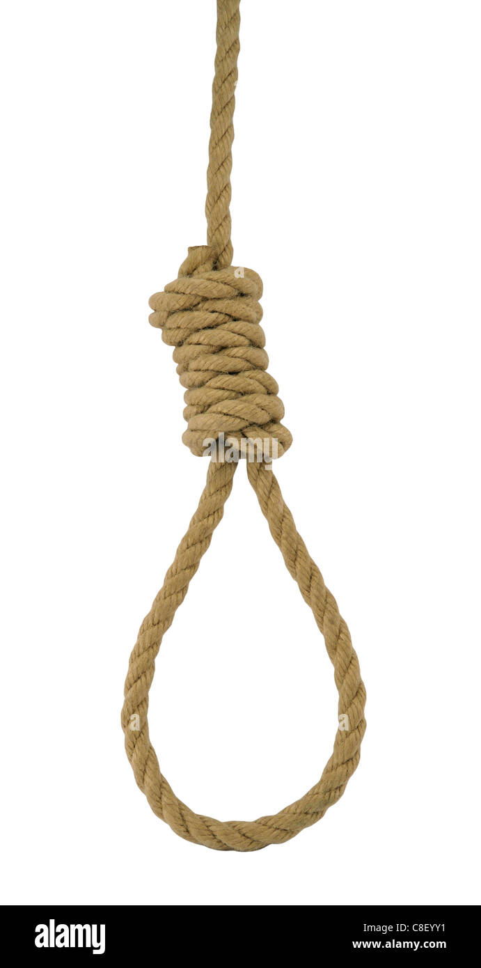 Hängende Schlinge Seil isoliert auf weiss. Stockfoto