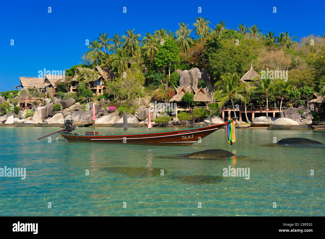 Longtail-Boot, Koh Tao Cabana Hotel, Sai Ree, Beach, Koh Tao, Thailand, Asien, Stockfoto