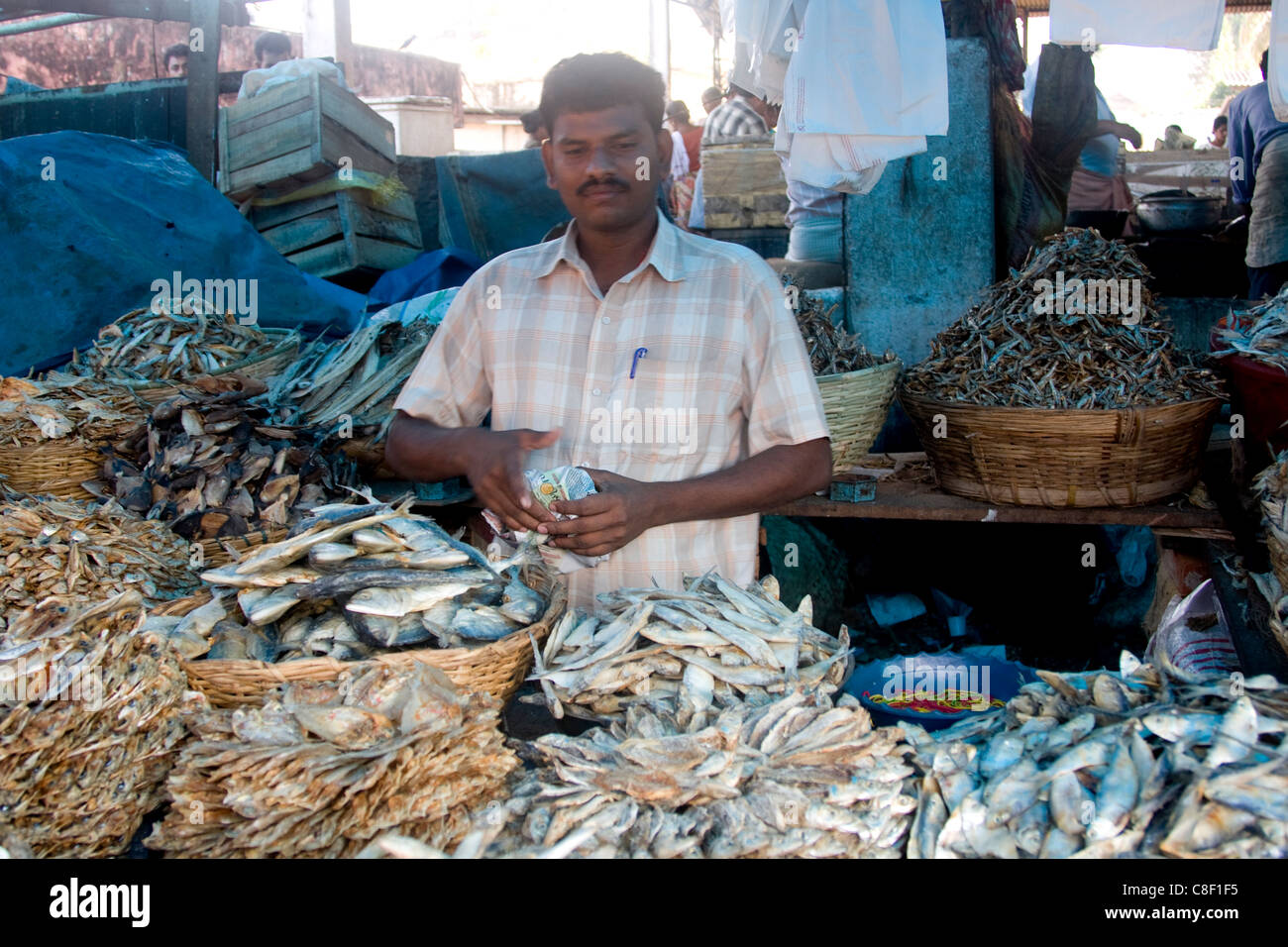 Getrocknete Fische zu verkaufen, Chalai Markt, Trivandrum, Kerala, Indien Stockfoto