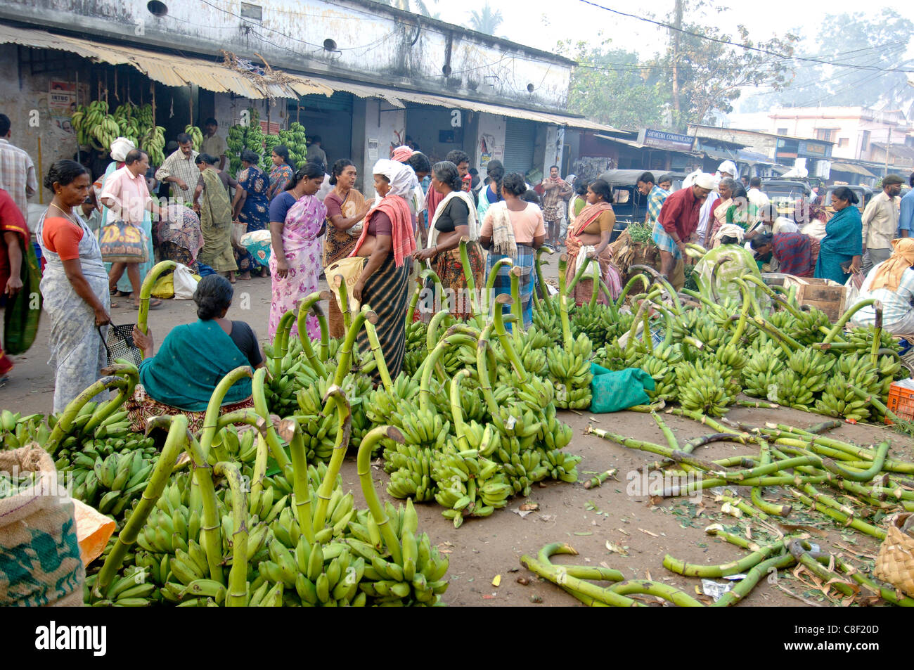 Bananen zu verkaufen am Gemüsemarkt, Chalai, Trivandrum, Kerala, Indien Stockfoto