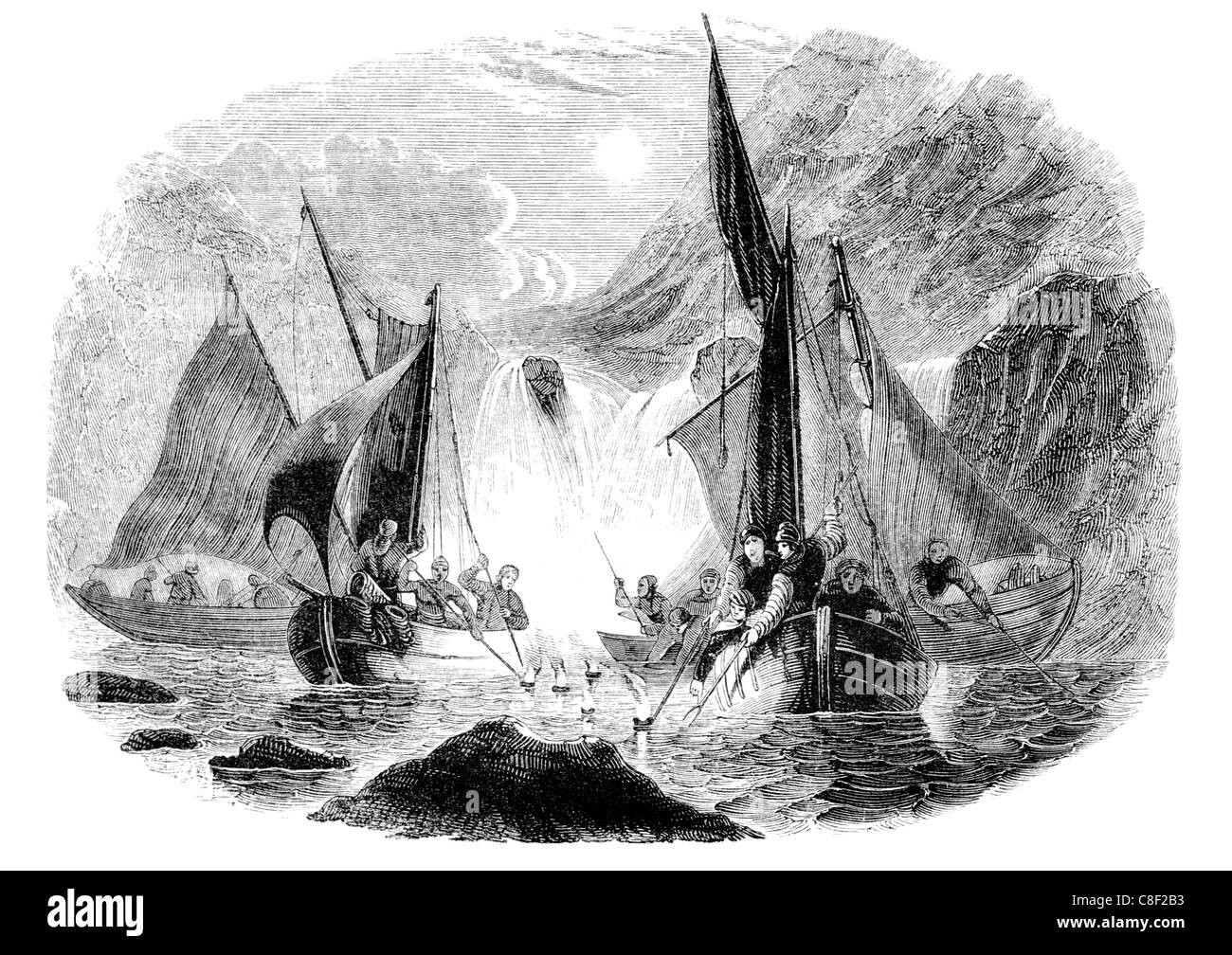 Lachs, durchbohren Fackelschein Boot Speer stechende Fang Fackel Licht Öllampe Fischen Fischer Segeln Segelschiff Stockfoto Lachs, durchbohren Fackelschein Boot Speer stechende Fang Fackel Licht Öllampe Fischen Fischer Segeln Segelschiff Stockfoto