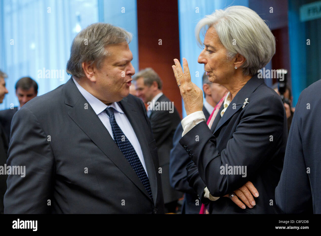 . Der griechische Finanzminister Evangelos Venizelos (links) und Christine Lagarde, Generaldirektor des Internationalen Währungsfonds (rechts) Vortrags an der Eurogruppe Treffen der Finanzminister der Euro-Zone. Stockfoto