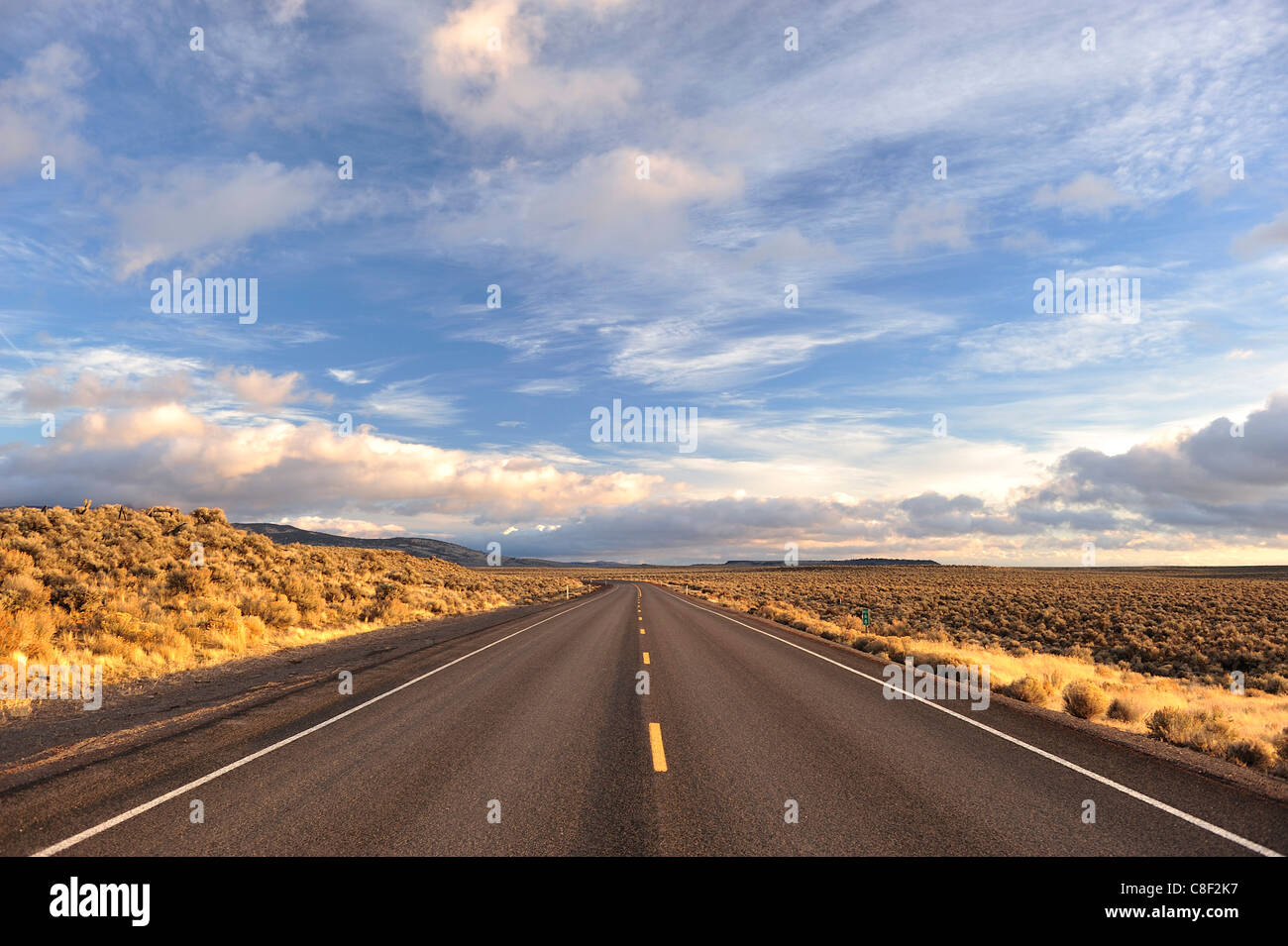 Einsame, lange Straße, gerade, Autobahn, Ost-Oregon, Oregon Outback, High Desert, Oregon, USA, USA, Amerika, Stockfoto