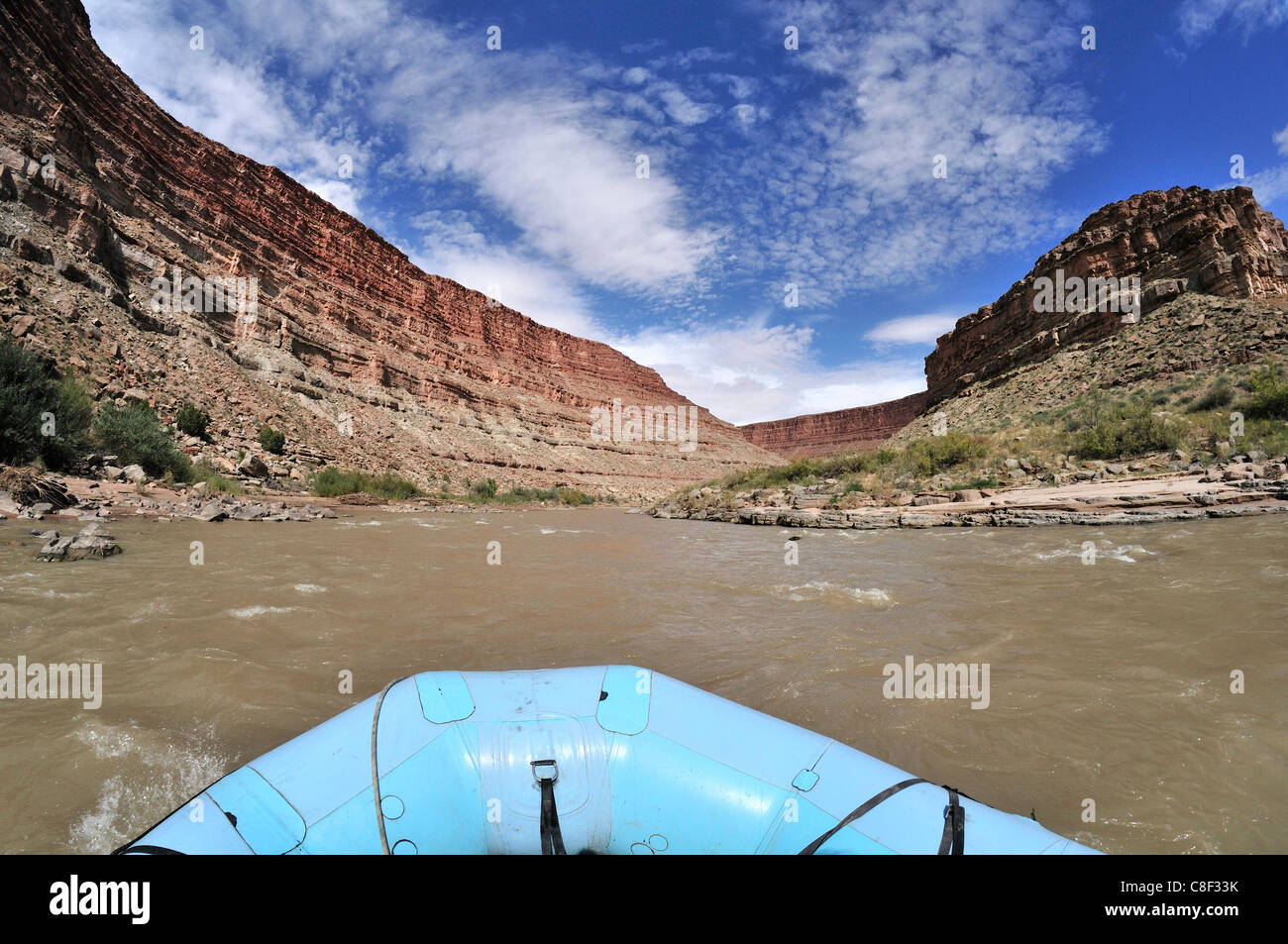 San Juan River in der Nähe von Bluff, Fluss, Landschaft, Boot, Colorado Plateau, Utah, USA, USA, Amerika, rafting, Kautschuk Stockfoto