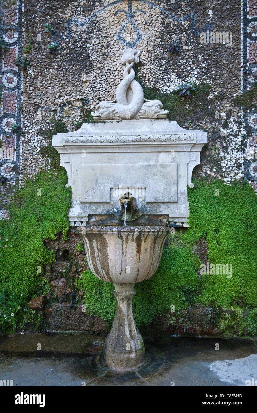 Gärten, Quinta da Regaleira, Sintra, Mosaik-Brunnen mit Fisch und Muscheln Stockfoto