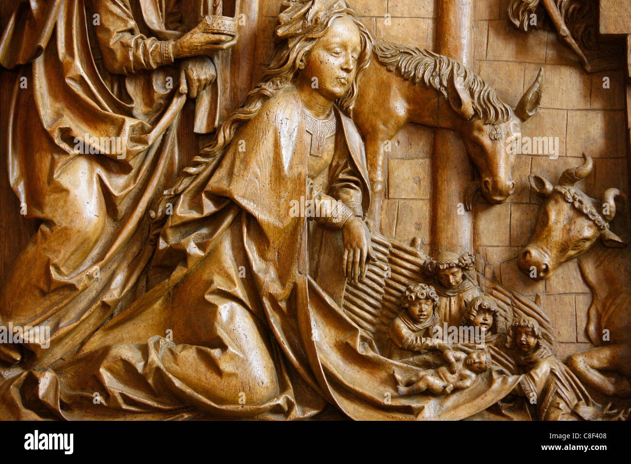 Detail der Geburt Christi auf dem geschnitzten Altar aus 1509, Mauer Bei Melk Kirche, Niederösterreich, Österreich Stockfoto