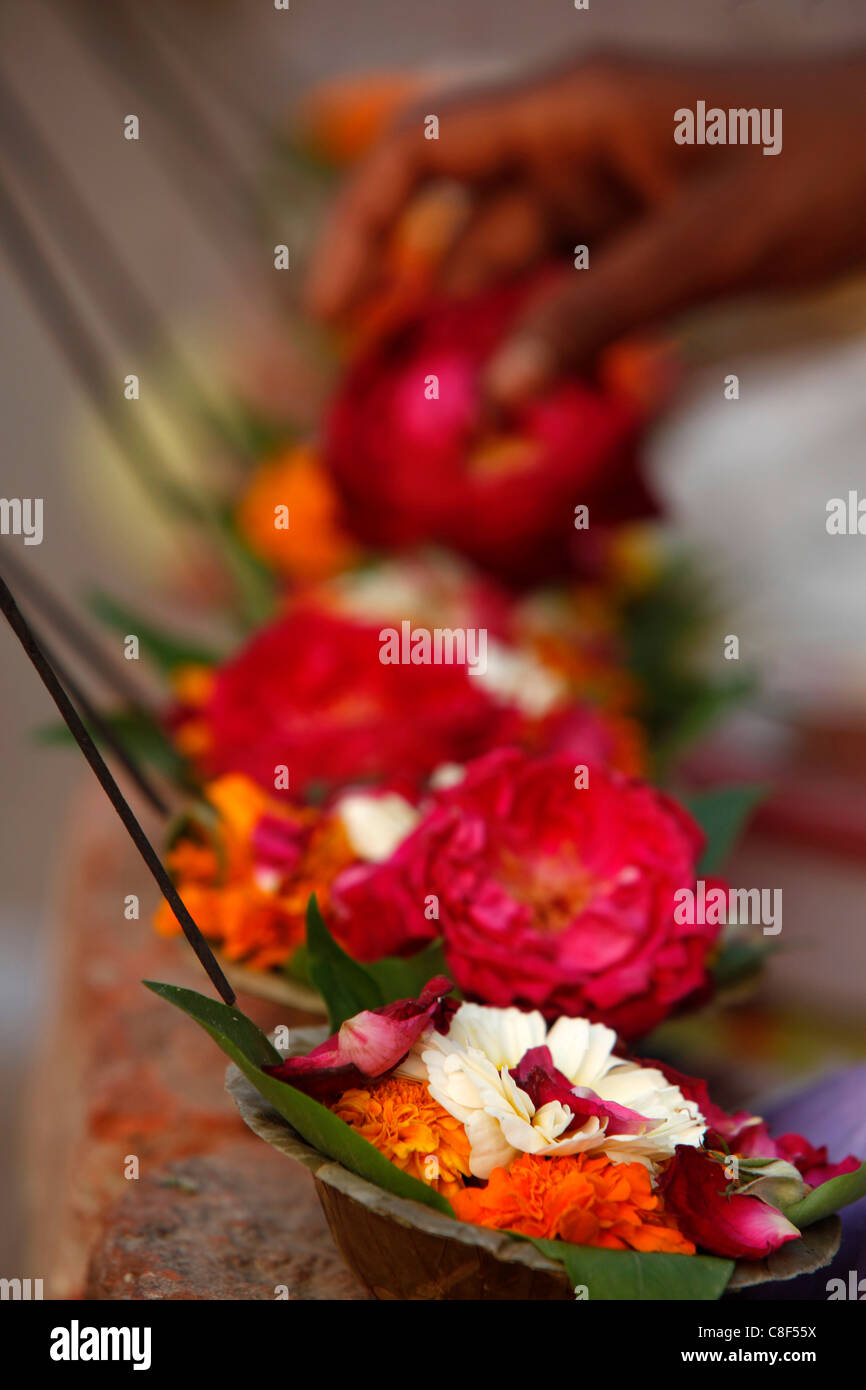 Diyas (floral schwimmt mit Weihrauch, Rishikesh, Uttarakhand, Indien Stockfoto