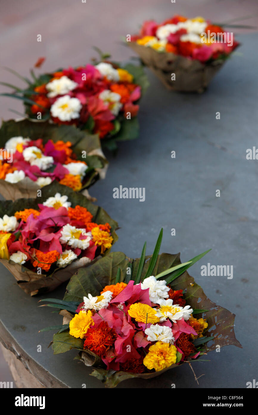 Diyas (floral Schwimmer) für den Verkauf auf Rishikesh Ghats, Rishikesh, Uttarakhand, Indien Stockfoto