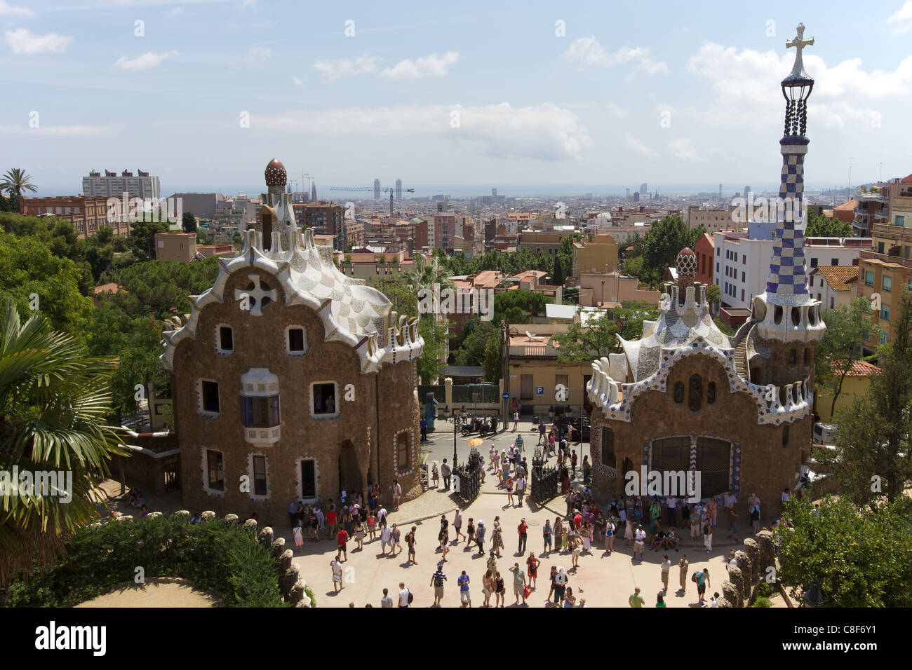 Eingang Torhäuser im Park Güell, Barcelona Stockfoto