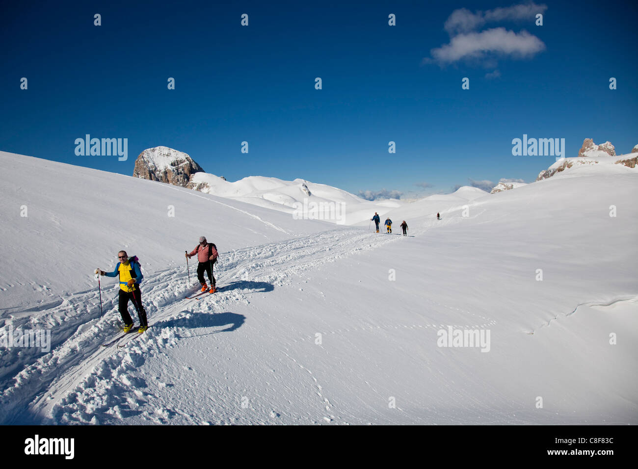 Skitouren Sie in den Dolomiten, Pale di San Martino, Cima Fradusta Aufstieg, Trentino-Alto Adige, Italien Stockfoto