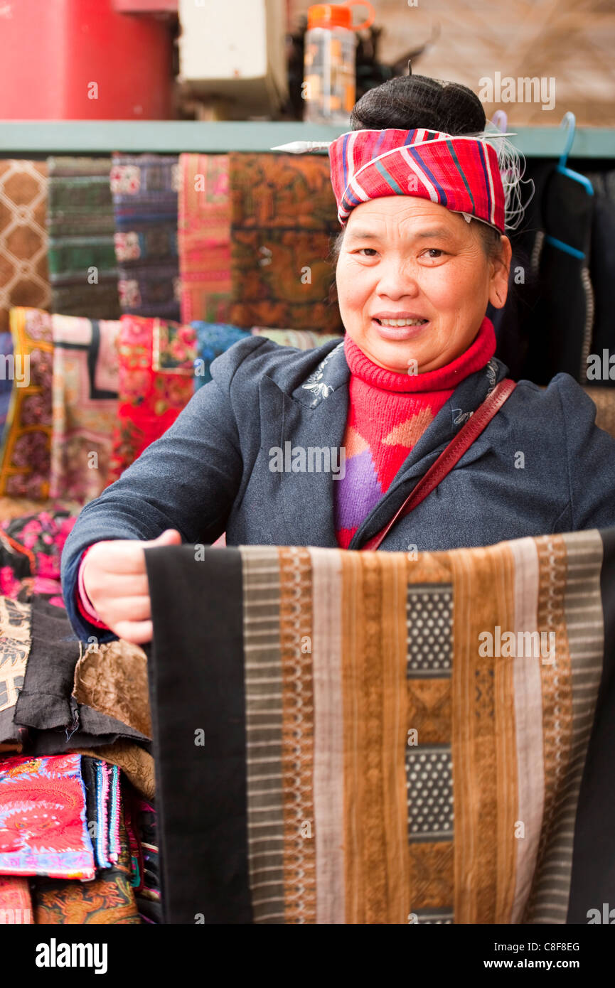 Verkäuferin, Stoffgeschäft, Panjiayuan Flohmarkt, Chaoyang District, Beijing, China Stockfoto