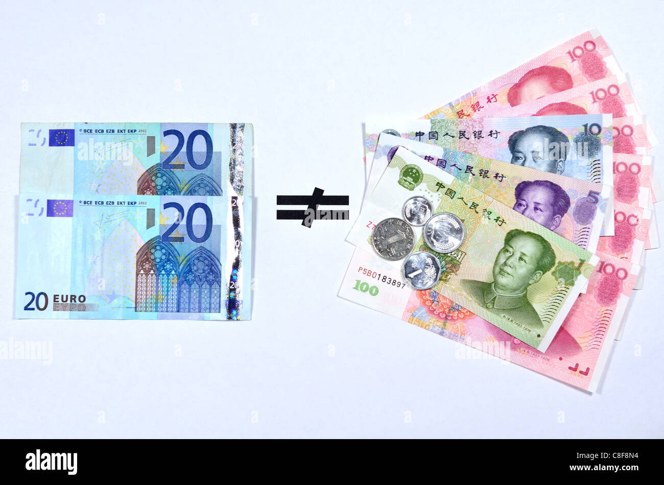 Euro nicht gleich chinesische Yuan. Stockfoto