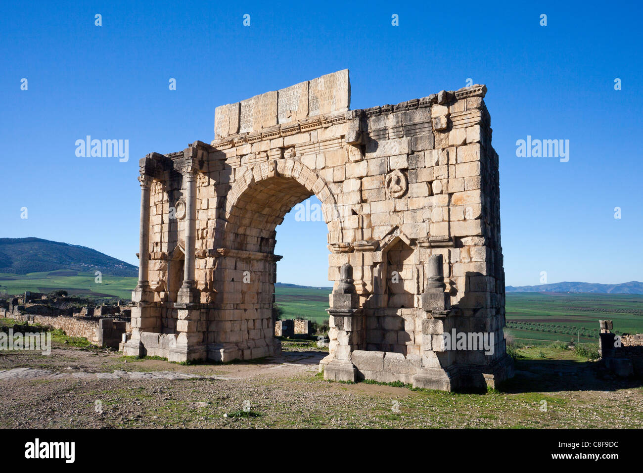 Marokko, Nordafrika, Afrika, römisch, Ruinen, Voulibilis, antike, antike, Decumanus Maximus, Straße, Caracalla Triumpha Stockfoto