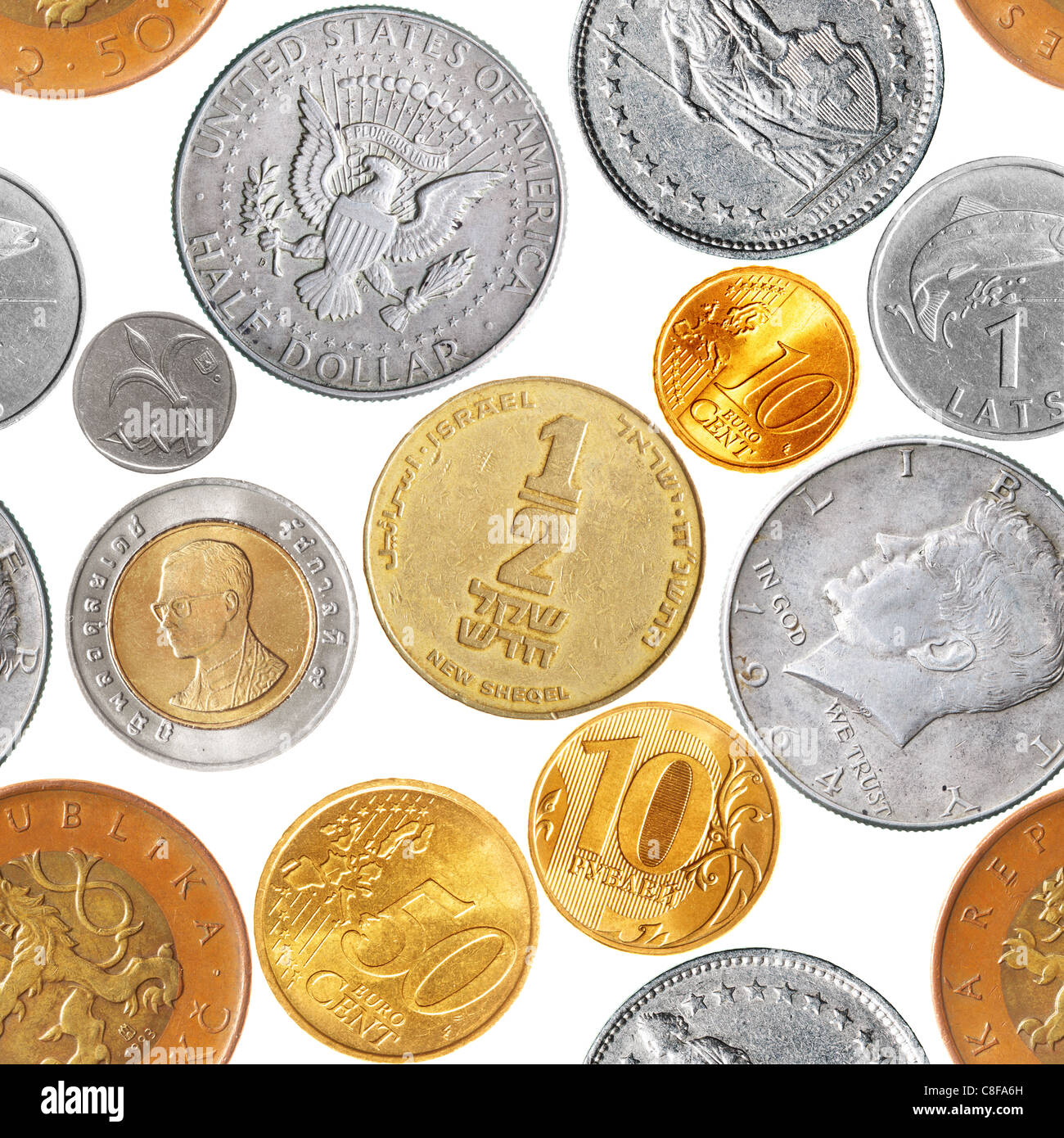 Nahtlose Muster - verschiedene Münzen über dem weißen Hintergrund isoliert Stockfoto