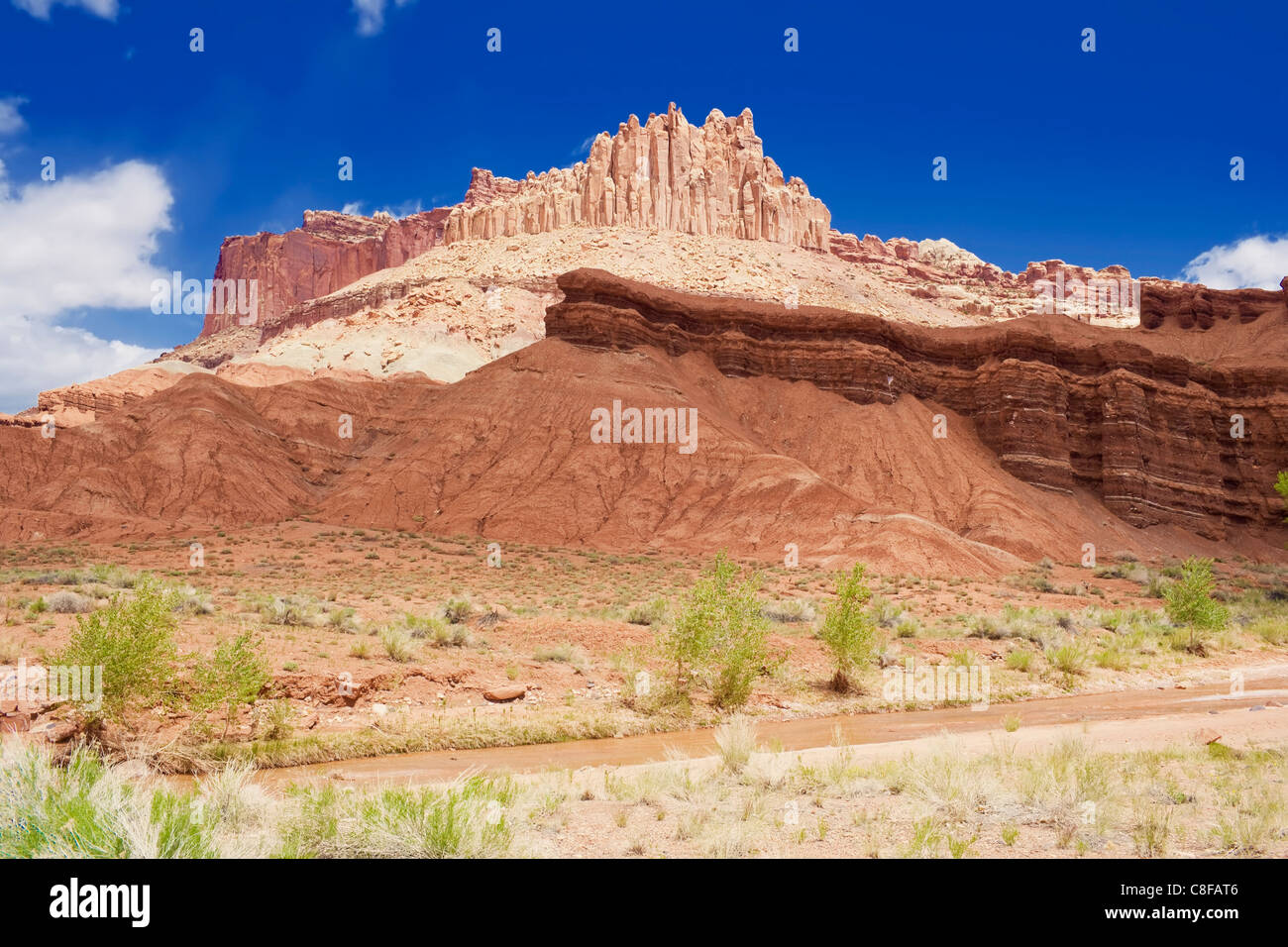 Das Schloss und Fremont River, Capitol Reef National Park, Utah, Vereinigte Staaten von Amerika Stockfoto