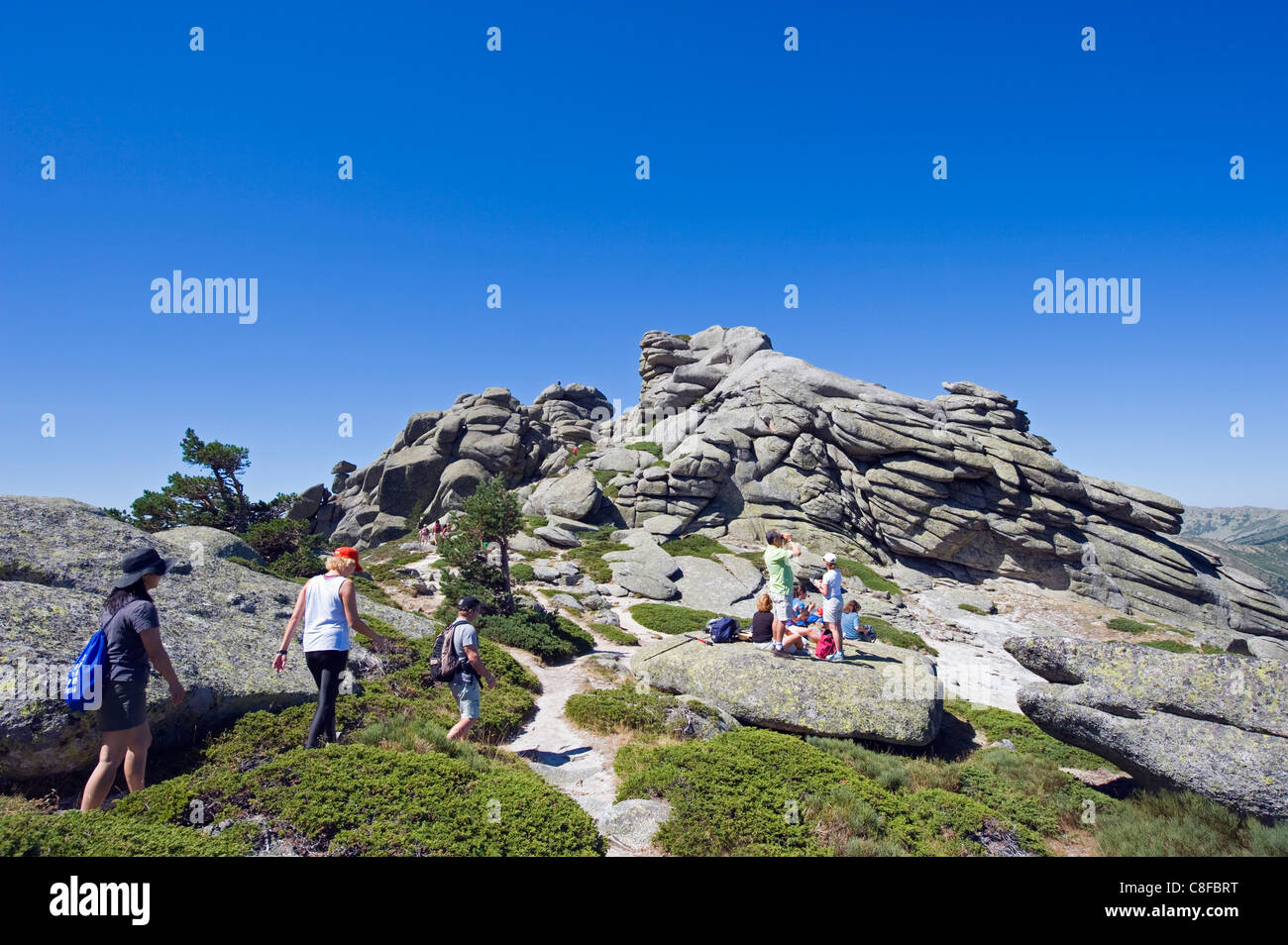 Wanderer am Sietos Picos (sieben Gipfeln, in der Sierra de Guadarrama, Madrid, Spanien Stockfoto
