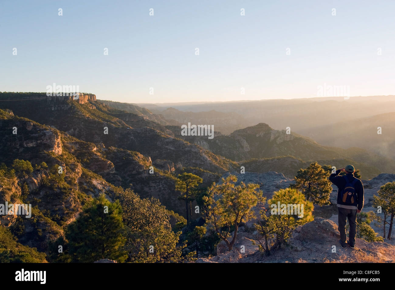 Wanderer, die Anzeigen von Sunrise in Barranca del Cobre (Copper Canyon, Staat Chihuahua, Mexiko Stockfoto
