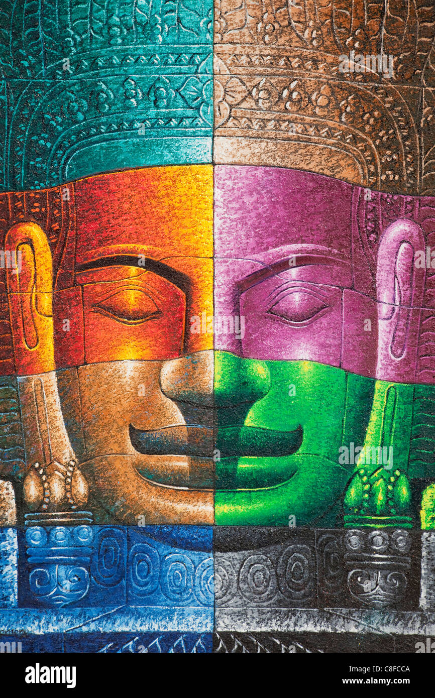 Asien, Kambodscha, Siem Reap, Angkor, Kunst, Künstler, Kunstwerk, asiatische Kunst, Maler, Malerei, Buddha, Buddha-Kopf, Buddha Gesicht, Tourismus Stockfoto