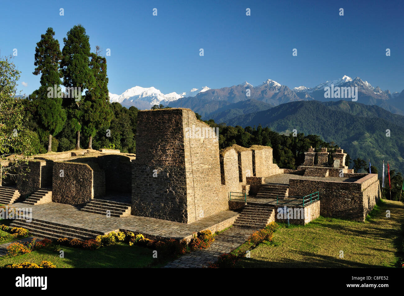 Rabdentse Ruinen und Kangchendzönga, Pelling, West Sikkim, Sikkim, Indien Stockfoto