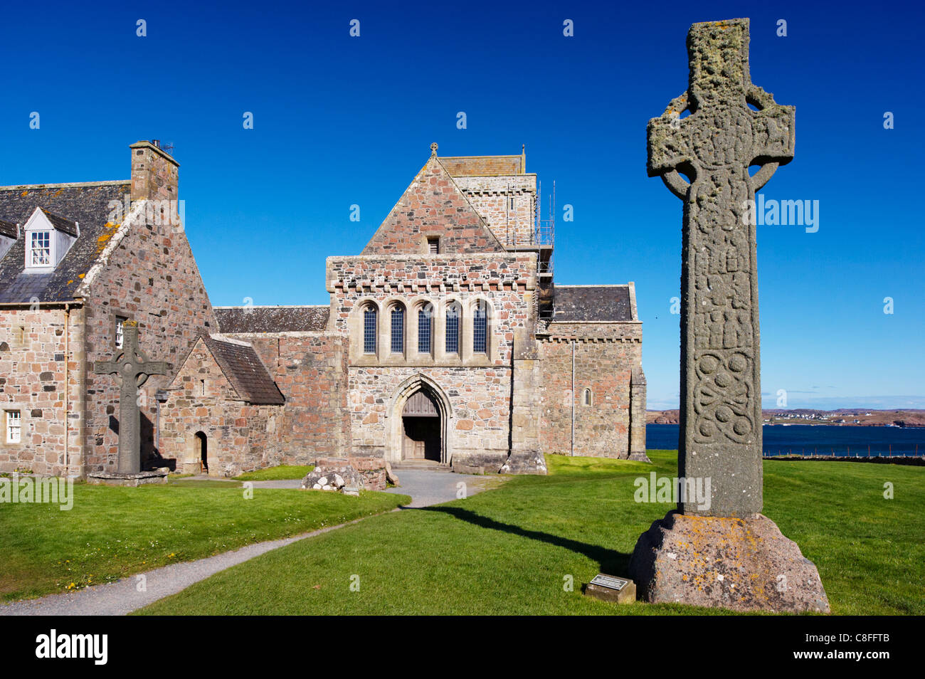 St.-Martins Kreuz, geschnitzte herrliche Celtic Cross aus dem 8. Jahrhundert, Isle of Iona, Inneren Hebriden, Schottland Stockfoto