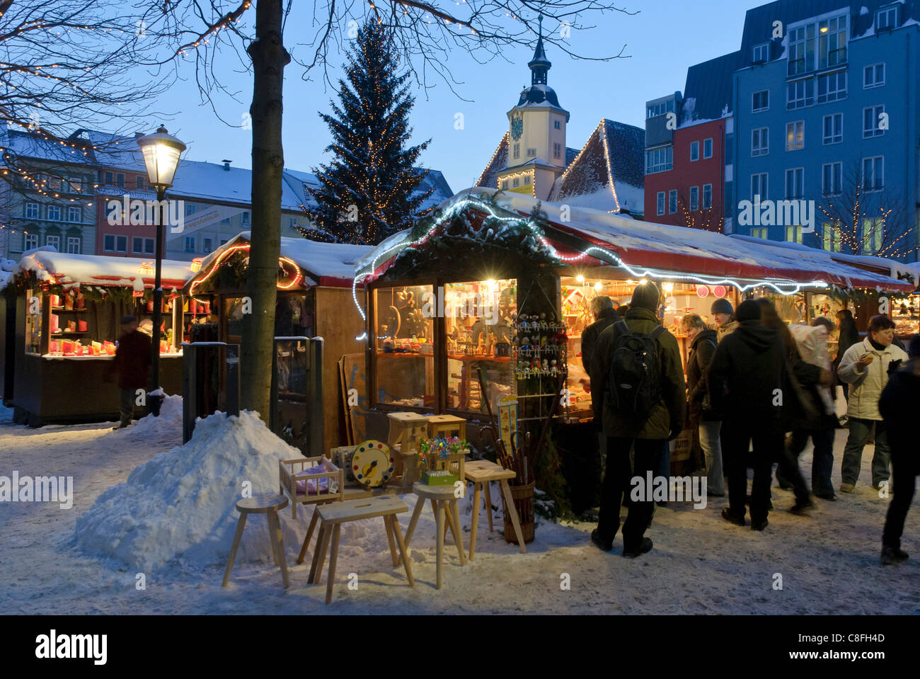 Abend, Sonnenuntergang, Abend Stimmung, Advent, Adventszeit, außen, Beleuchtung, Untersuchung, blau, der Bundesrepublik, Weihnachtsmarkt, Stockfoto