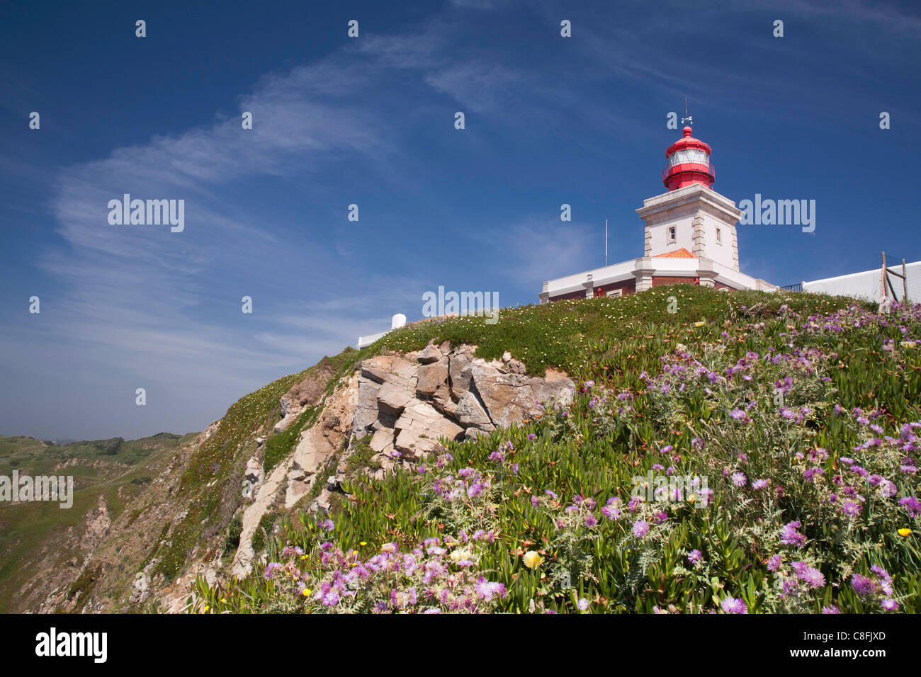 Cabo da Roca, zeigen westlichen die meisten in Festland Europa, Leuchtturm Klippe und Wildblumen Stockfoto