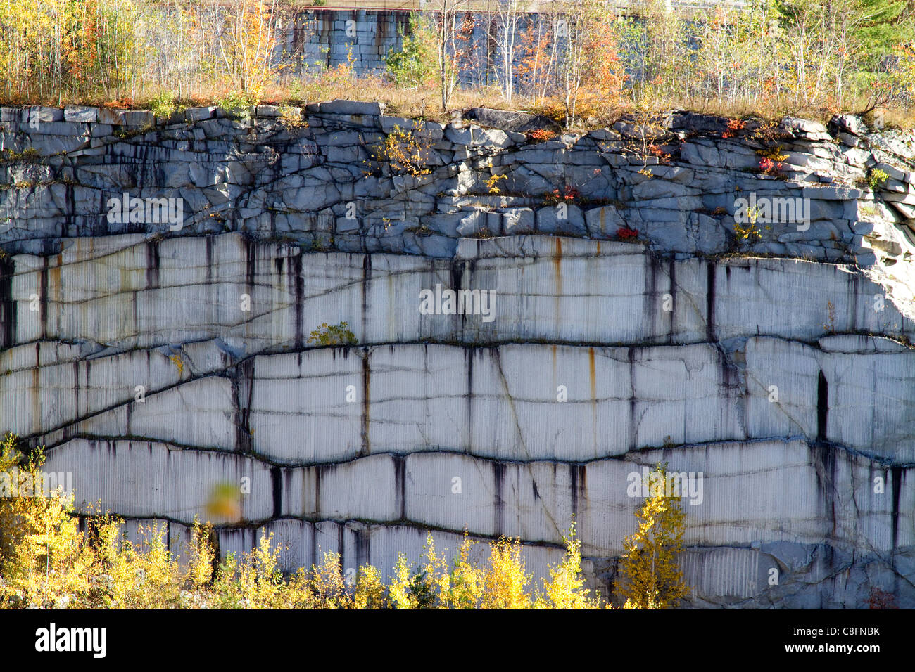 Steinbruch Landschaft aus Granitfelsen, Stein, an verlassenen Steinbruch in Barre, Vermont mit Herbst, Herbst, Laub Farben. Stockfoto