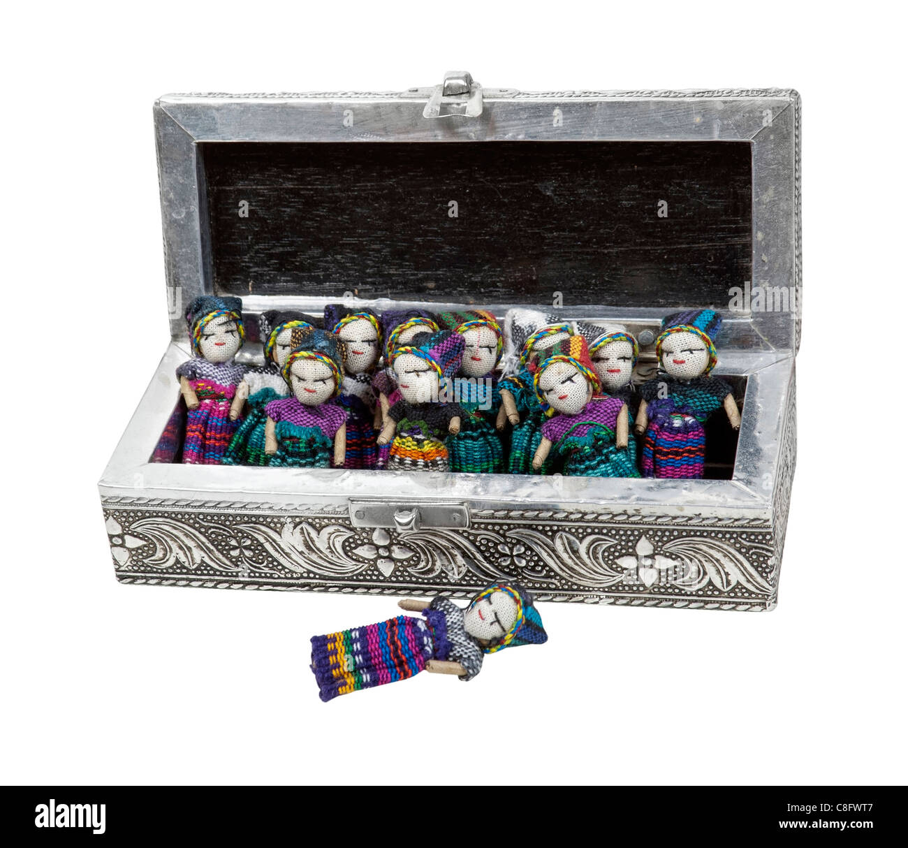 Silberne Box der Worry dolls Stockfoto