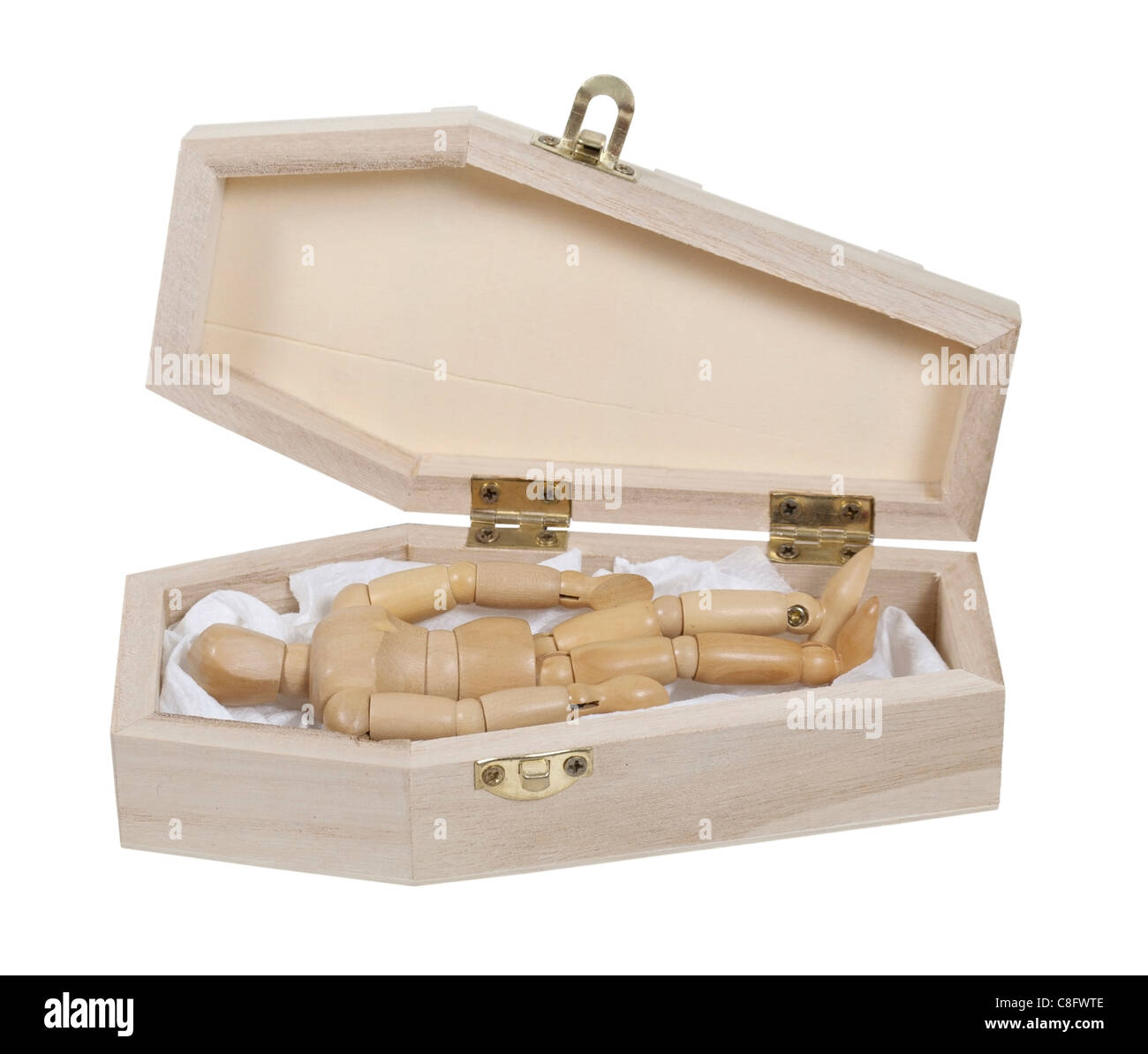 Holzmodell Verlegung in einem Sarg in die Vorbereitungen für die Beerdigung - Pfad enthalten Stockfoto