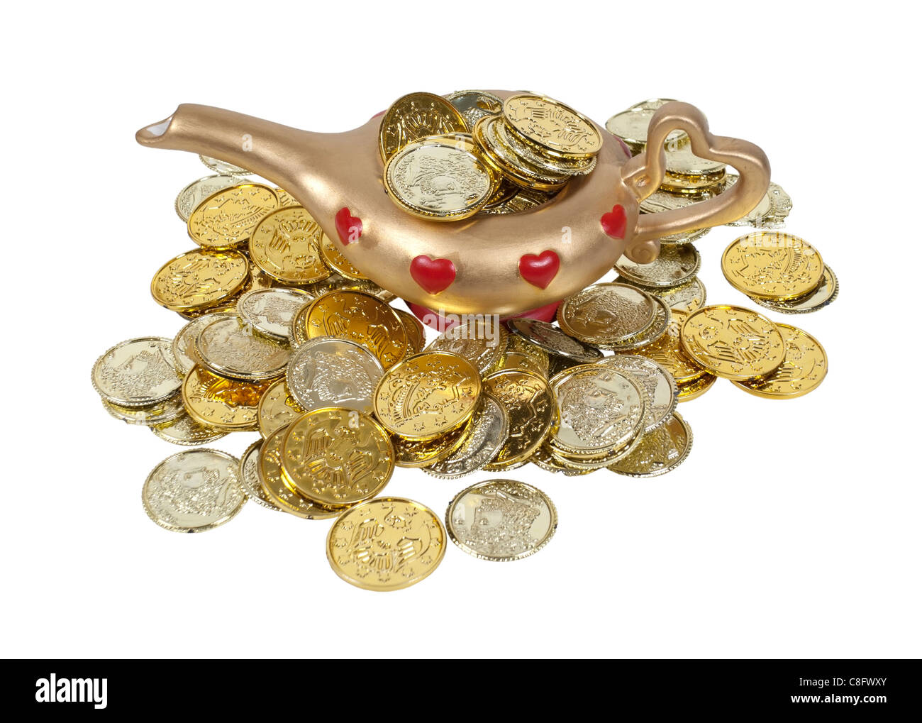 Gold und rot Genie Lampe voller Goldmünzen - Pfad enthalten Stockfoto