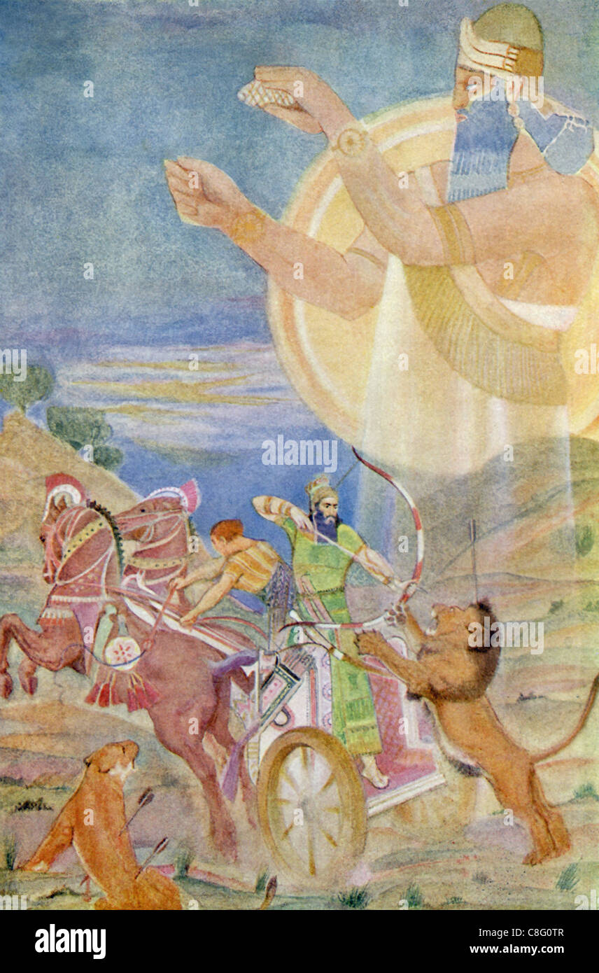 Tiglat-Pileser i., Herrscher von Assyrien von 1114-1076 v. Chr. von Ninib, der assyrischen Gott des Krieges geführt wird. Stockfoto