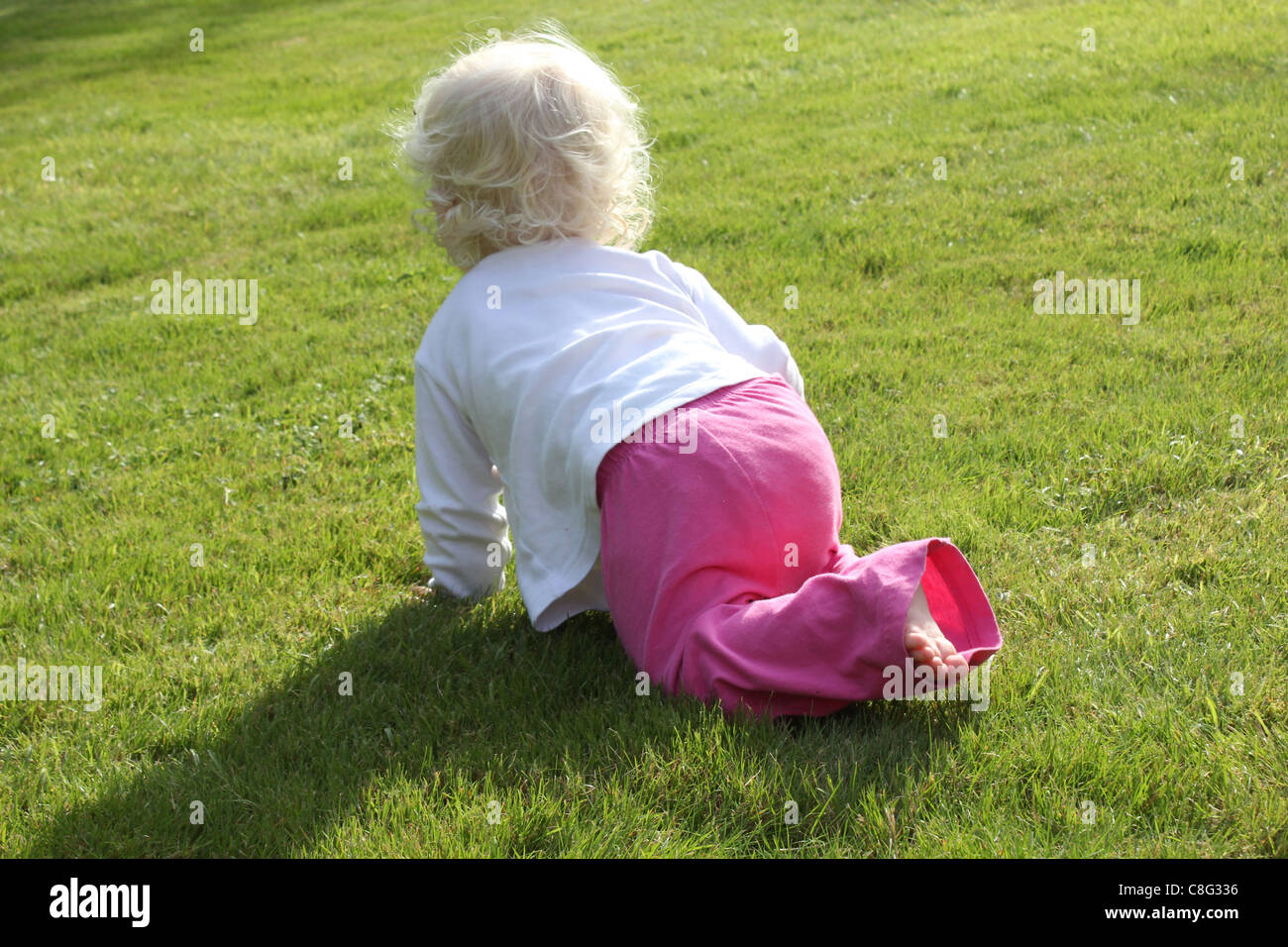 kleines Kind krabbeln auf Rasen Stockfoto