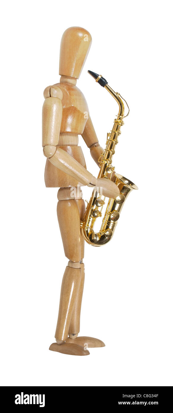 Modell, spielt ein Saxophon Messing mit Standard-Tasten, und berührt - Pfad enthalten Stockfoto