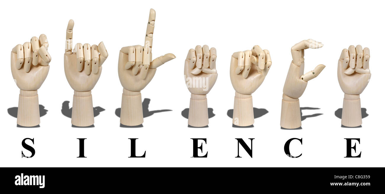 Stille in amerikanischer Gebärdensprache dargelegt und drückt sich mit sichtbaren Gesten zur Kommunikation der Gehörlosen Stockfoto