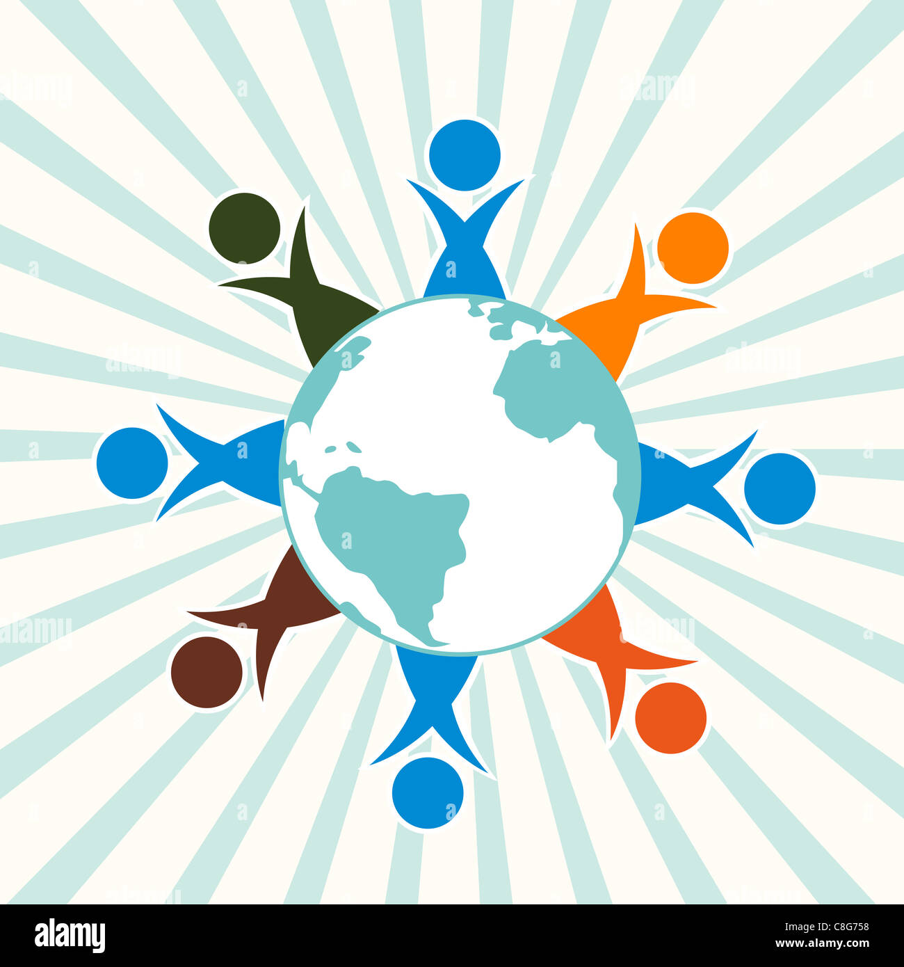 Abbildung von sozialen Netzwerken mit Globus und Völker Stockfoto