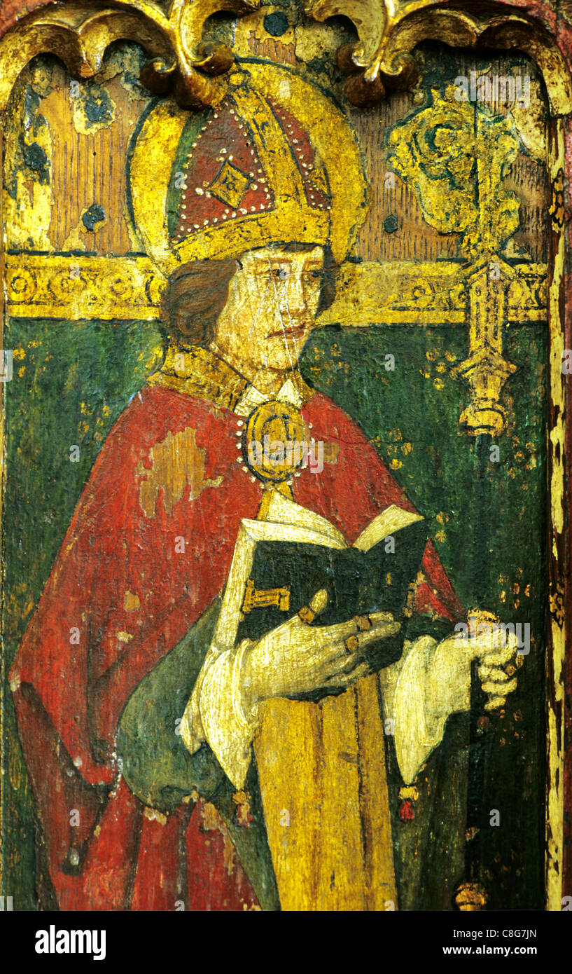 Ludham, Norfolk, Rood Bildschirm, Augustinus, Bischof von Hippo männlichen Heiligen Heiligen englischen mittelalterlichen Bildschirme Malerei Gemälde Stockfoto
