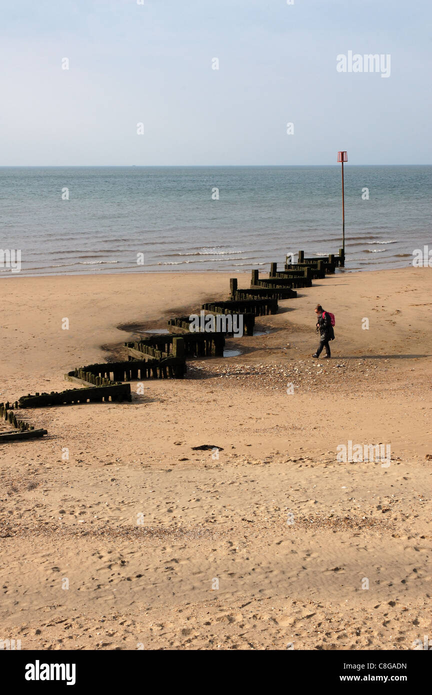 Walker, nähert sich eine Buhne am Strand von Hunstanton in Norfolk, Großbritannien Stockfoto