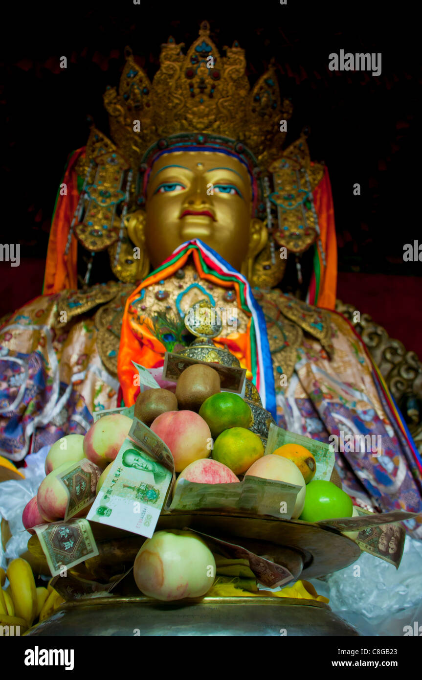 Buddha mit Opferblut angeboten in einem kleinen Tempel in Lhasa, Tibet, China Stockfoto
