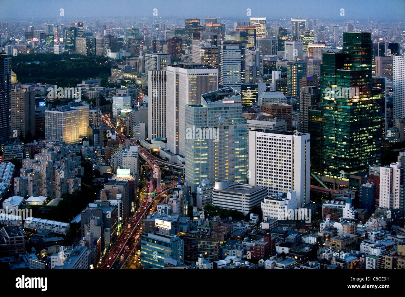 Luftaufnahme der Metropole Tokio in der Abenddämmerung von der Mori Tower in Roppongi Hills in Tokio, Japan Stockfoto