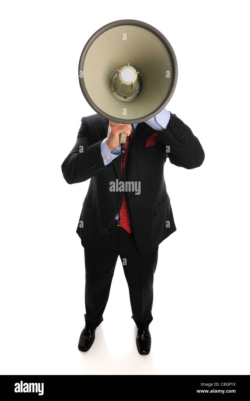 Geschäftsmann mit Megaphon isoliert auf weißem Hintergrund Stockfoto