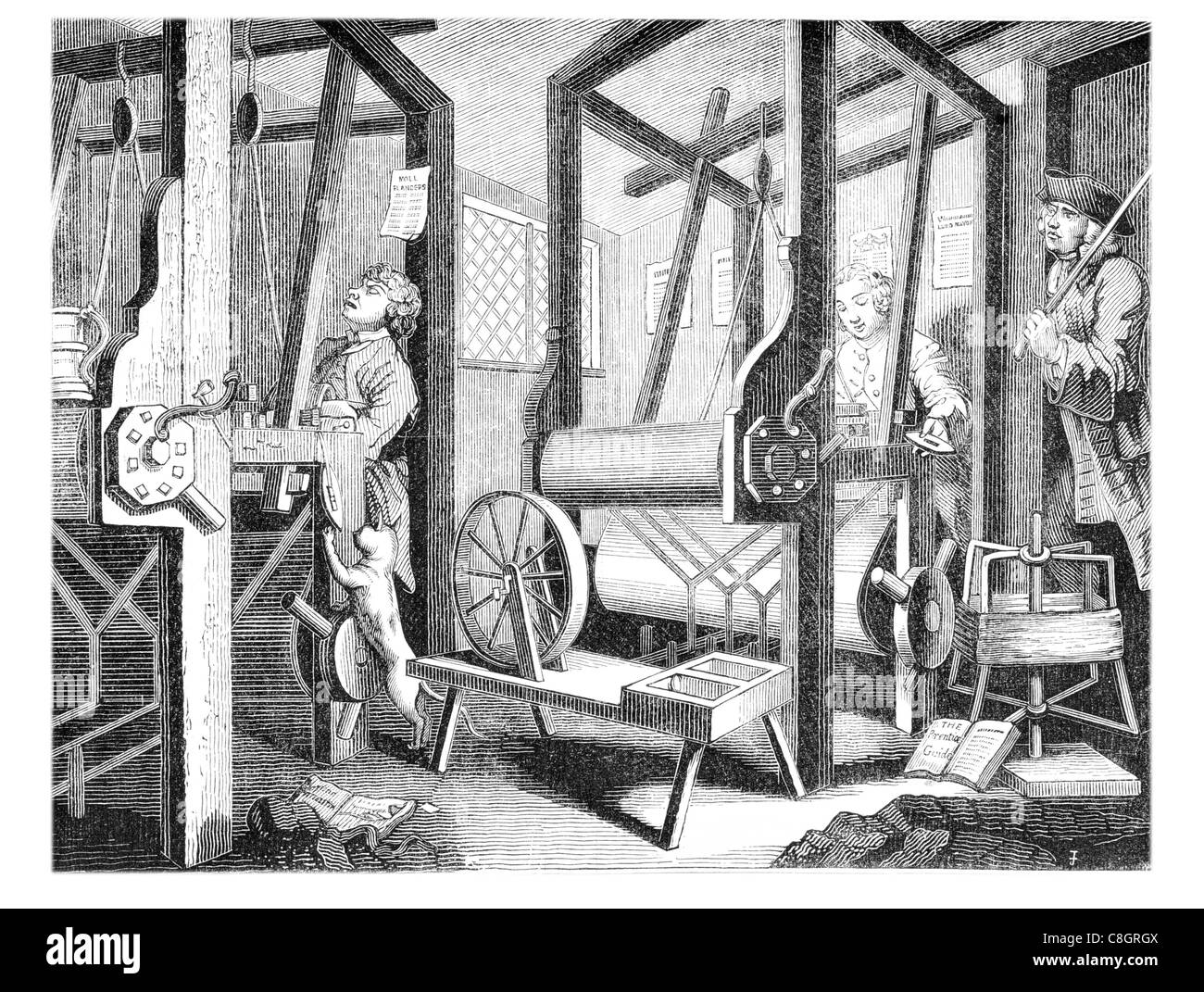Magierviertel Webstühle Webstuhl aus dem 18. Jahrhundert Shuttle Reed Heddles Krieg Strahl Heimindustrie Tuchmacher Hund Haustier workshop Stockfoto