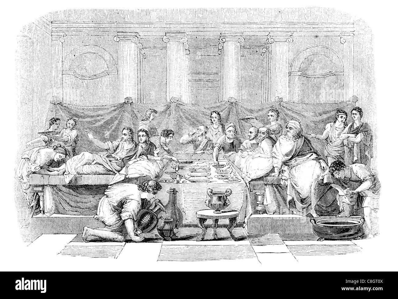 östlichen Triclinium oder eine Reihe von Esszimmer Sofas Couch Abendessen fest Schlemmen Speisen römischen Chaiselongue Stockfoto