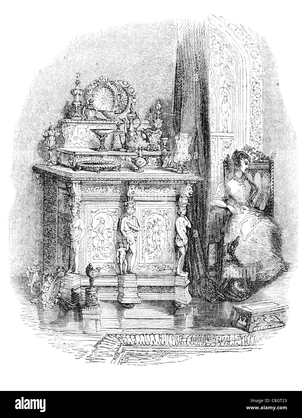 Möbel und Verzierungen Zeit Elisabeth i. Elizabethan Ornament Schlafzimmer Stuhl Hocker Regal Schrank verzierte antike Stockfoto