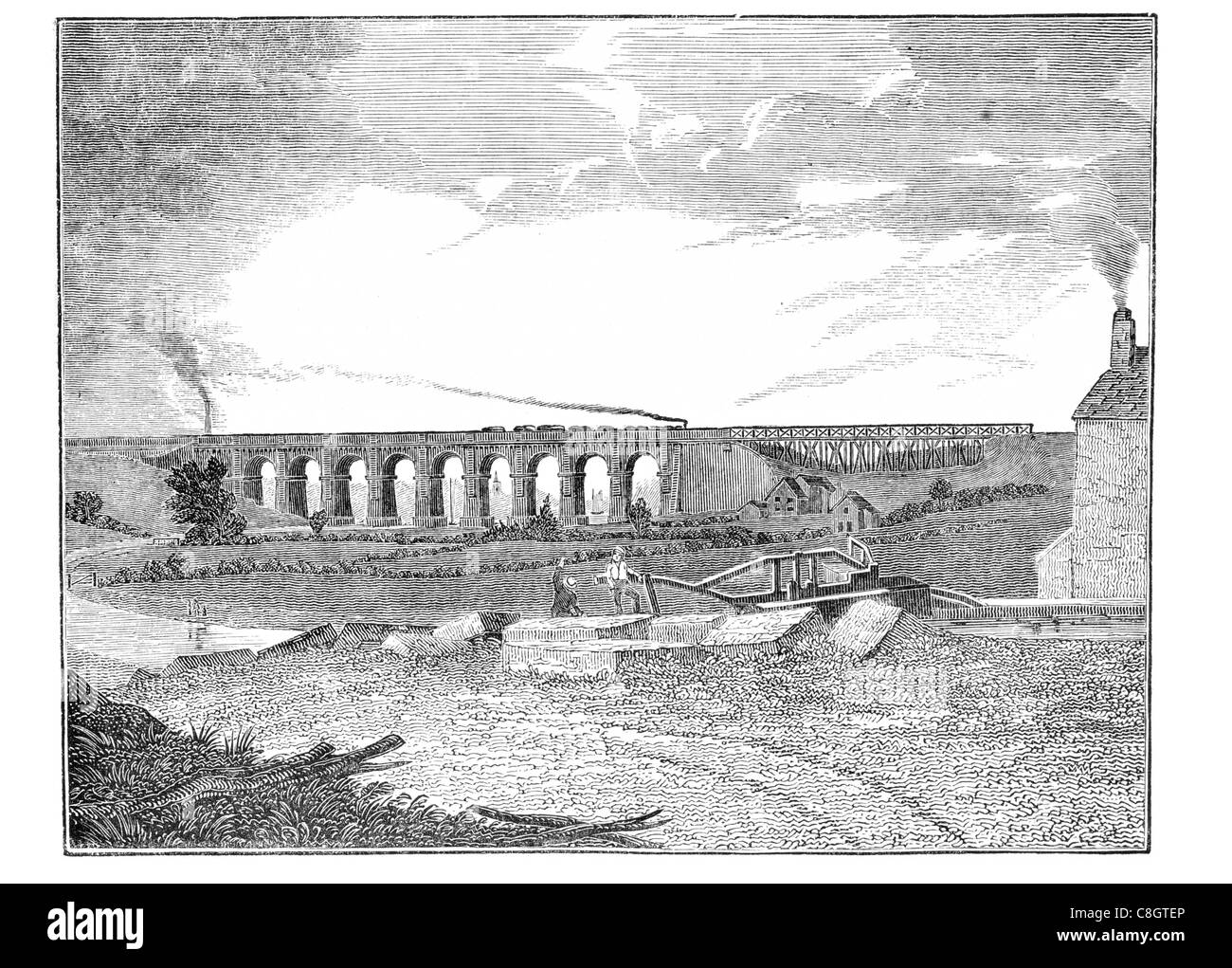 Sankey Viadukt Liverpool Manchester Railway rötlich Dampf Lok Brook aus rotem Backsteinbogen Bögen Stockfoto