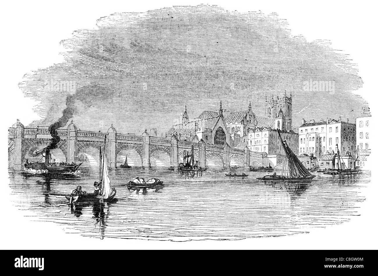 1842 Westminster Bridge Road Fuß Verkehr River Thames Lambeth London England Haus Commons Lords Parlamentspalast Segel Segeln Stockfoto