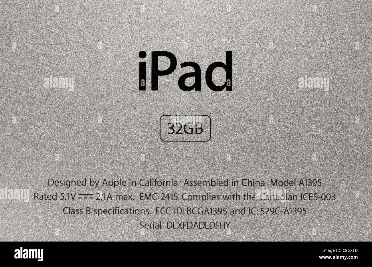Nahaufnahme Foto Ipad Zeichens mit dem hergestellten Informationen über Apple Ipad2 hinten Rückwand. Stockfoto