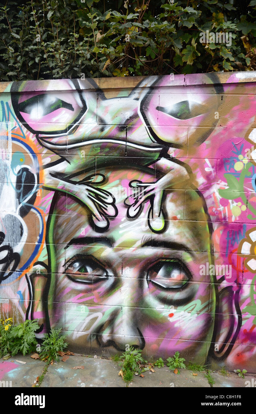 Graffiti an einer Wand in Edinburgh mit einen Frosch auf einem kahlen Mann Kopf. Stockfoto
