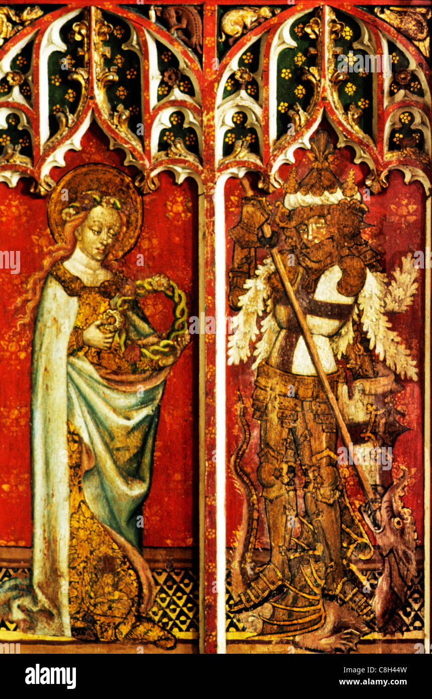 Filby, Norfolk, Lettner, St. Cecilia, St. George und Dragon männlichen Heiligen Heiligen englischen mittelalterlichen Bildschirme Malerei Gemälde Stockfoto